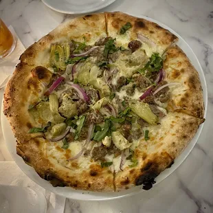Fennel, sausage, and artichoke pizza at the Greyhound