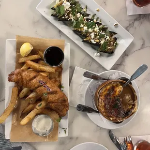 Fish &amp; chips, French onion soup, zucchini side dish
