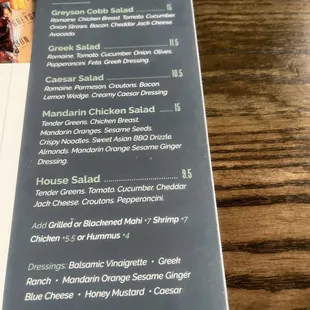 Salad menu