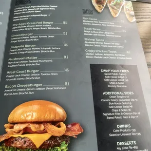 Burgers and tacos menu