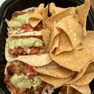 Mahi tacos with a side of chips (and missing salsa)