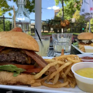 Peppered Bacon Cheddar Burger with shoestring fries.  Absolutely delicious!