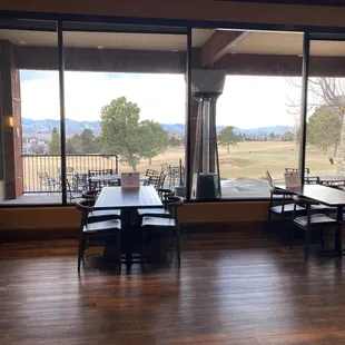 a dining room with a view
