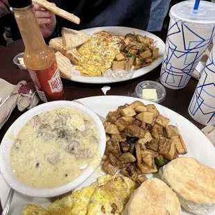 Sausage gravy platter and western omelet