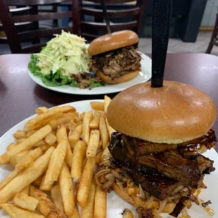 Brisket sandwich with fries &amp; pulled pork sandwich with coleslaw