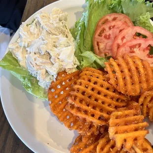 Chicken salad and substituted the sweet potato fries - lots of mayo in the chicken salad
