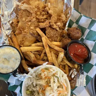 Fish and chips and good crispies - lots of leftovers