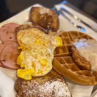 A little bit of everything- Canadian bacon, French toast, waffles, chicken