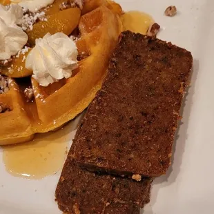Belgian waffle with Georgia topping(peaches, pecans, and whipped cream).yes they are scrapple fried hard.