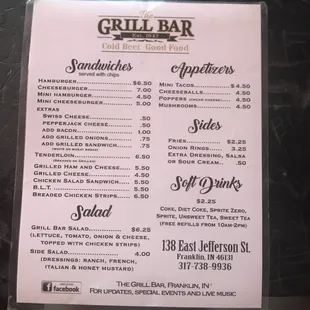 Menu prices for 2020