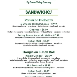 Sandwich menu items