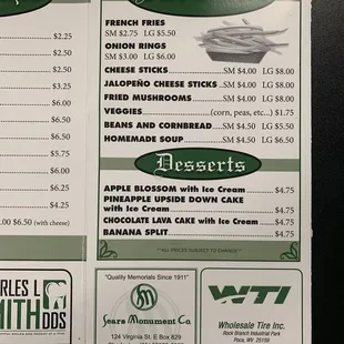 Sides and Desserts Menu