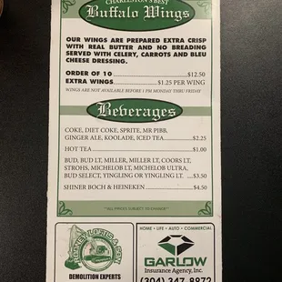 Wings and Beverages Menu