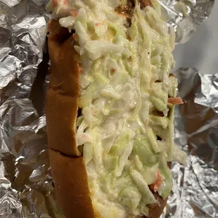 Here's the Classic English Dog with chili sauce and Cole Slaw! Wow!!