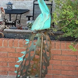 Peacock lawn ornament by the patio