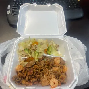 Chicken (not much), steak and shrimp teriyaki plate.