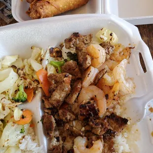 Beef and Shrimp with veggie rolls.