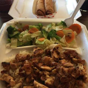 Chicken Teriyaki, added chicken egg rolls.  Veggie egg rolls are an option.
