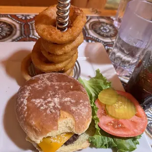 Cheeseburger and onion rings