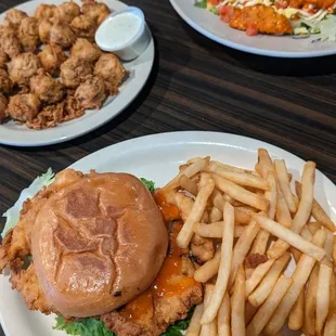 Blazin' Chicken Sandwich, breaded mushrooms, and a buffalo chicken salad