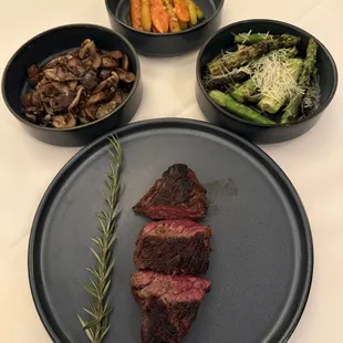 Wagyu Steak, Glazed Carrots, Exotic Mushrooms, &amp; Miso Grilled Asparagus