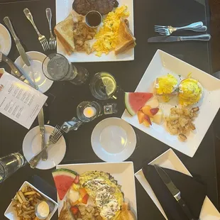 Brunch:  steak and eggs, eggs Benedict, omelet with bacon and a side of truffle fries.