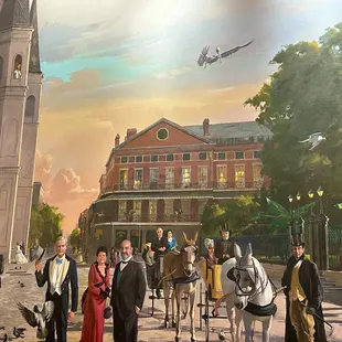 A mural of public and famous figures from all-time New Orleans adorns one wall.