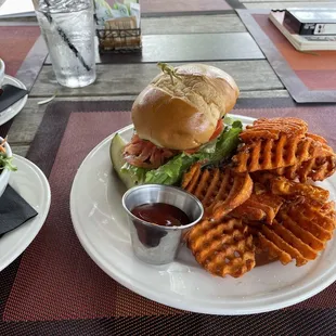 Angus beef burger and sweet potato fries