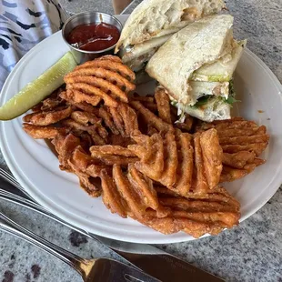 Truffle chicken sandwich and sweet potato waffle fries