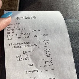 Bill for 2 margaritas (no special kind called out)