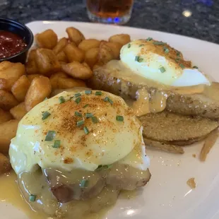Mother&apos;s Day Special- fried green tomato, pork belly eggs Benedict.