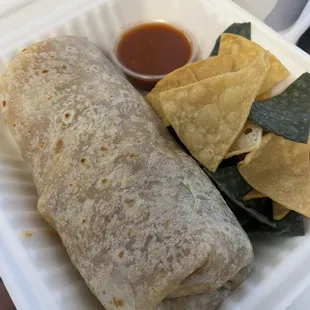 Carne Asada Burrito with Tortilla Chips and Salsa