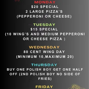 Monday through Friday weekly specials
