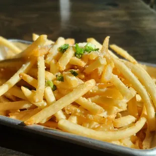 White truffle parmesan fries- not really thick cut. Had to ask for the sauce