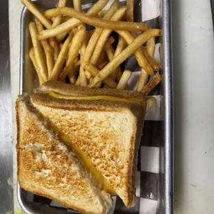 a grilled cheese sandwich and french fries