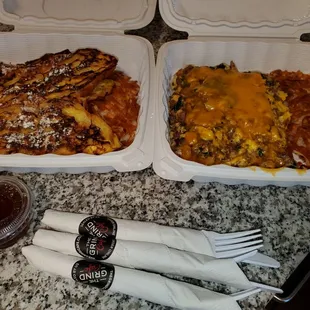 Croissant French toast over hash browns, Joel's scramble with hash browns no toast