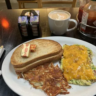Haight Scram with hashbrowns and sourdough toast.
