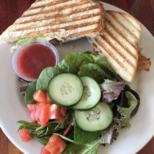 Chicken and bacon with a side salad and strawberry vinaigrette dressing