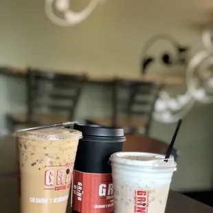 Strawberry matcha cold foam, salted caramel latte and regular coffee!