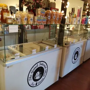 a counter with a variety of products