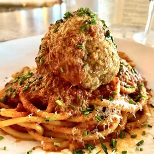 Bucatini with a helluva "W" meatball, chives bring it up a notch