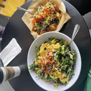 Vegan taco salad and vegan hash