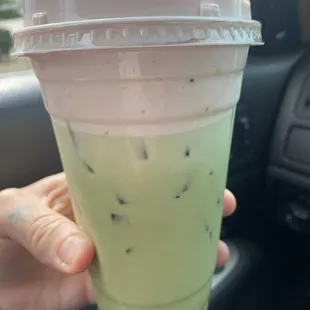 The very best iced matcha with watermelon cold foam!  Sounds weird but so good!