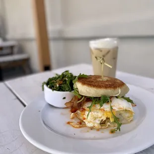 Breakfast sandwich ($11) with iced coffee