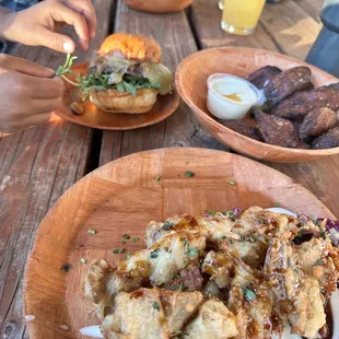 Tempura mushrooms, fried plantains, burger and fries