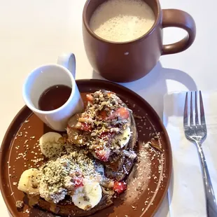 Chai latte with waffles and fresh fruit! Healthy and tasty!