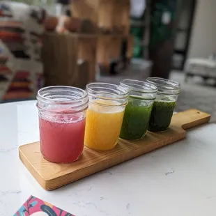 For $10, you can choose 4 juices to sample as a BYO flight