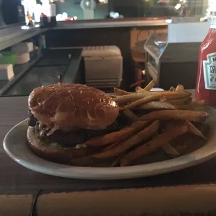 Cheeseburger with fresh cut fries.
