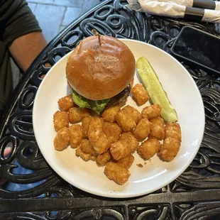 Grove burger with tater tots.