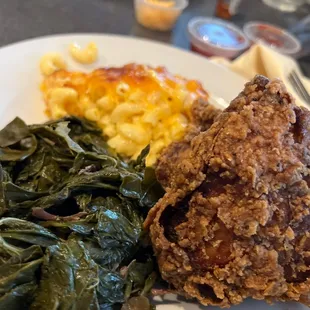 Chicken mac &amp; cheese, collard greens